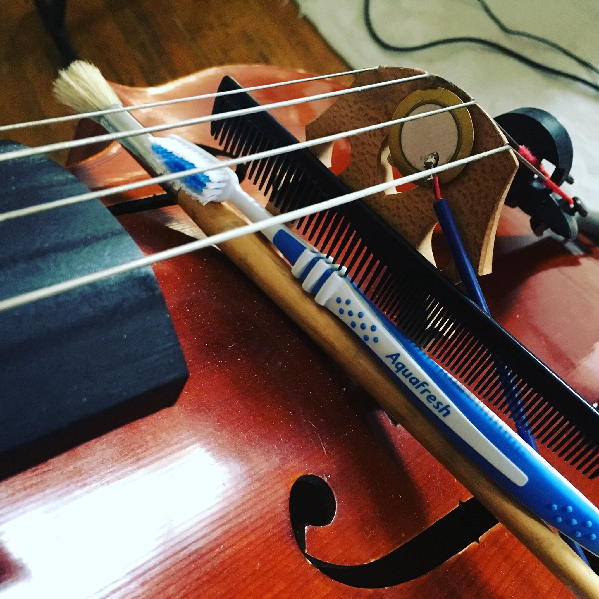 Close-up of a violin bridge and strings with a comb and toothbrush resting on it